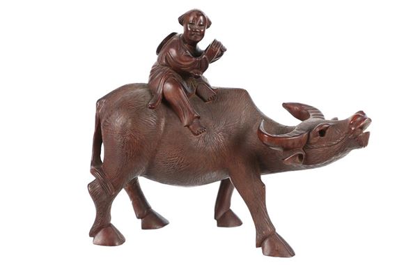 Chinese Hand Carved Wood Water Buffalo & Man by Chinese School