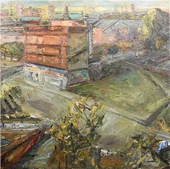 A textured landscape painting of a cityscape viewed from an elevated position.