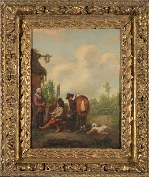 Halte du postillon devant un puit animée de deux paysans - French School, 18th Century