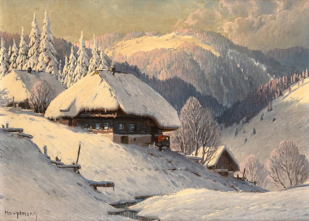 Artwork by Karl Hauptmann, Wintry Black Forest landscape with snow-coverd farm houses and stream course, Made of Oil/Cardboard
