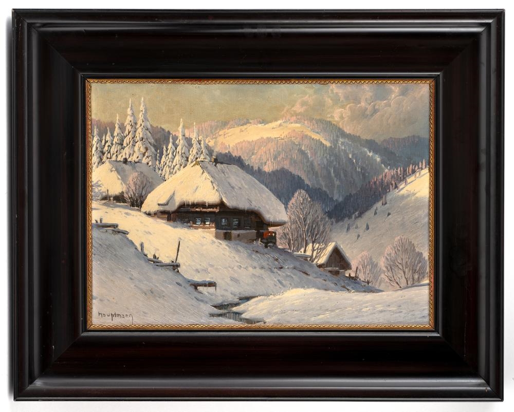 Artwork by Karl Hauptmann, Wintry Black Forest landscape with snow-coverd farm houses and stream course, Made of Oil/Cardboard