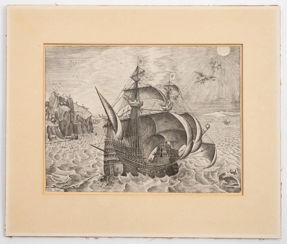 Artwork by Pieter Brueghel the Elder, Armed Three-Master with Daedalus and Icarus, Made of Engraving