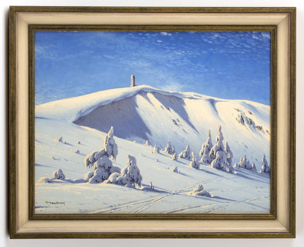 Artwork by Karl Hauptmann, Winterliche Seebuck Wechte am Feldberg mit dem Bismarckturm, Made of Oil/Cardboard