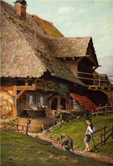 Schwarzwaldhof im Sommer mit jungem Ziegenhirten