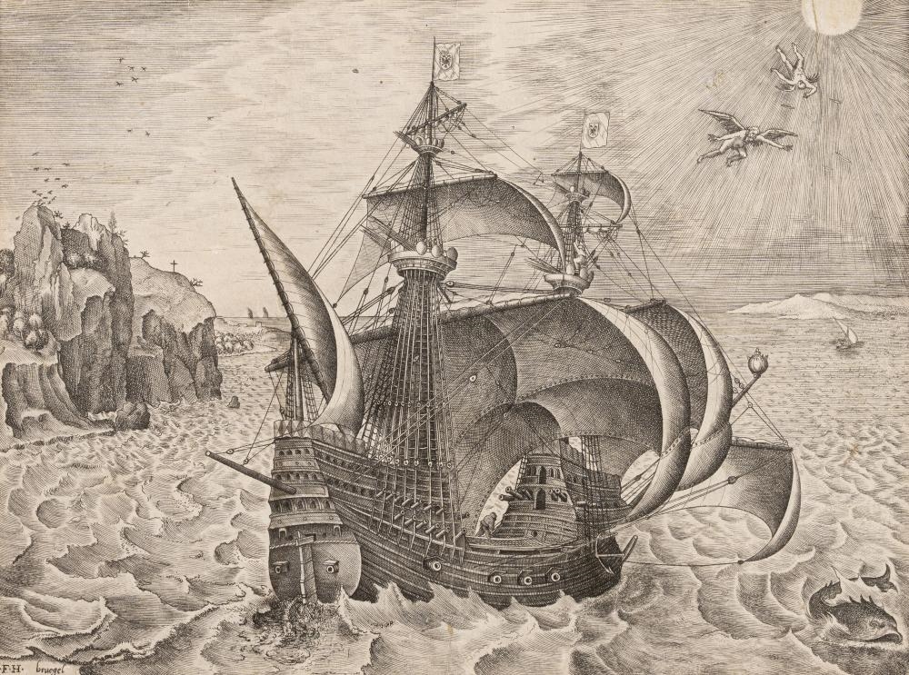 Artwork by Pieter Brueghel the Elder, Armed Three-Master with Daedalus and Icarus, Made of Engraving