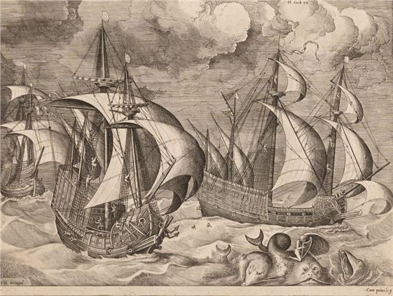 Three Caravels in a Rising Squall with Arion on a Dolphin