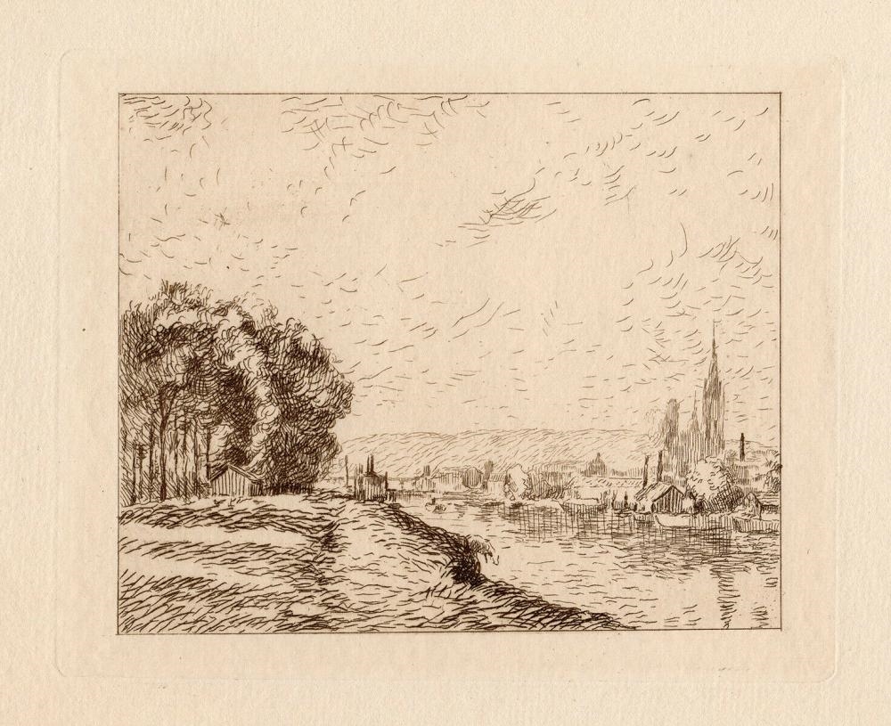 Artwork by Camille Pissarro, Vue de Rouen, Made of Hand Pulled Copper Plate Etching With Drypoint, Printed In Bistre Ink, On Cream Laid Paper
