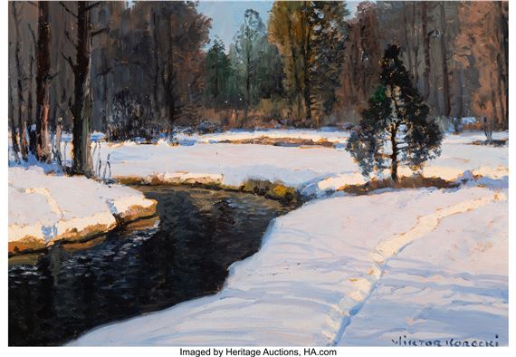 Winter Landscape with Creek and Forest - Wiktor Korecki