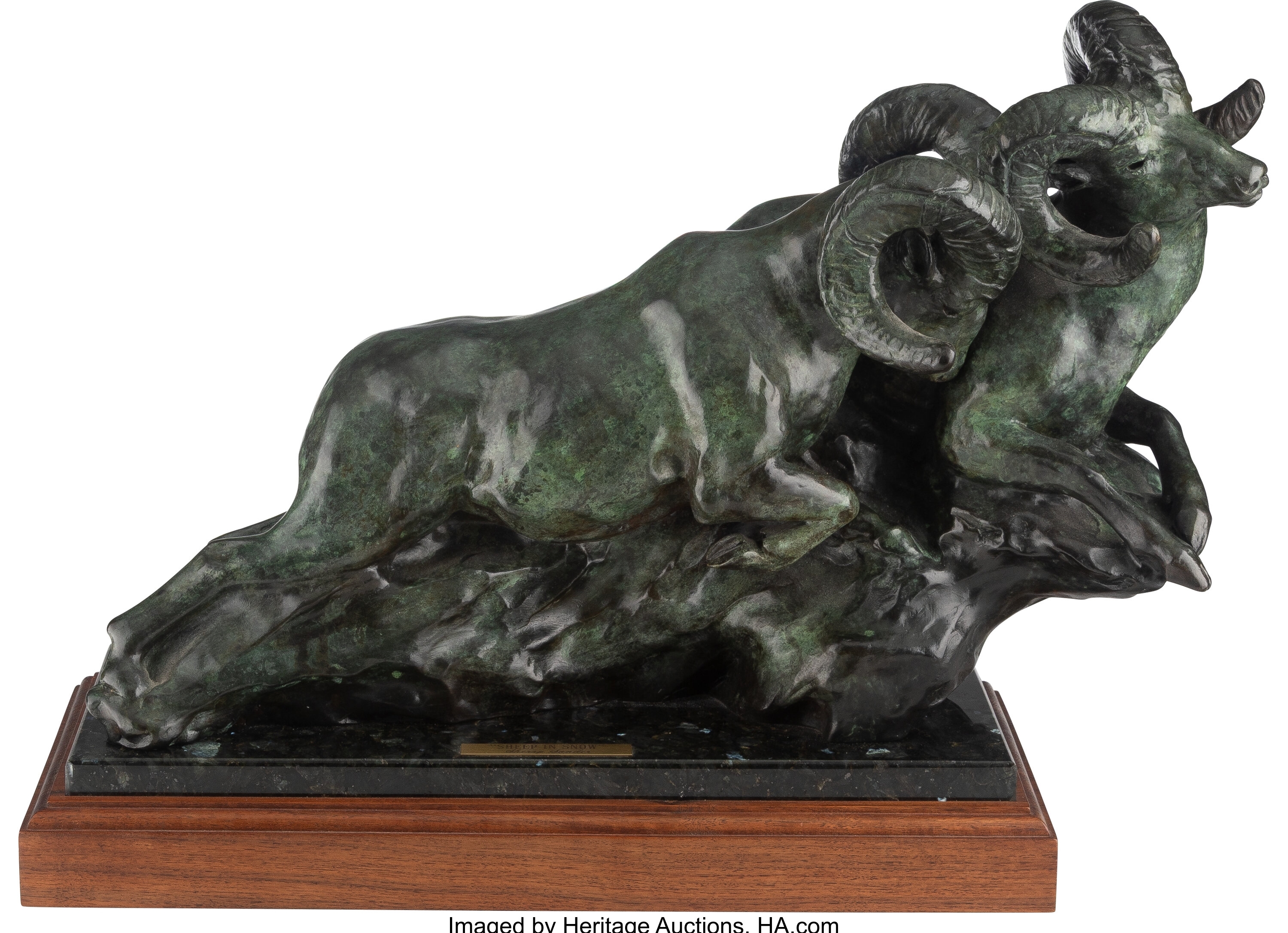Artwork by Sherry Sander, Sheep In Snow, Made of Bronze with green patina