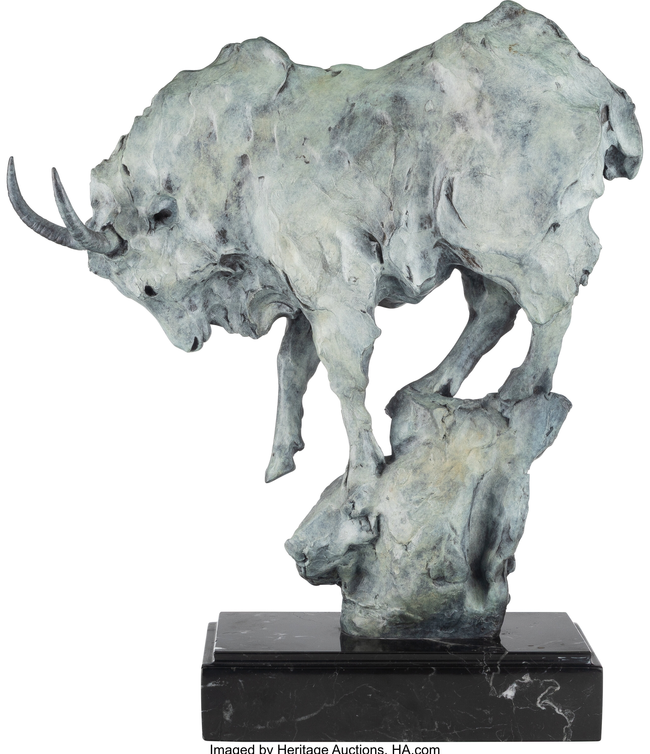 Artwork by Sherry Sander, Goat, Made of Bronze with blue/gray patina