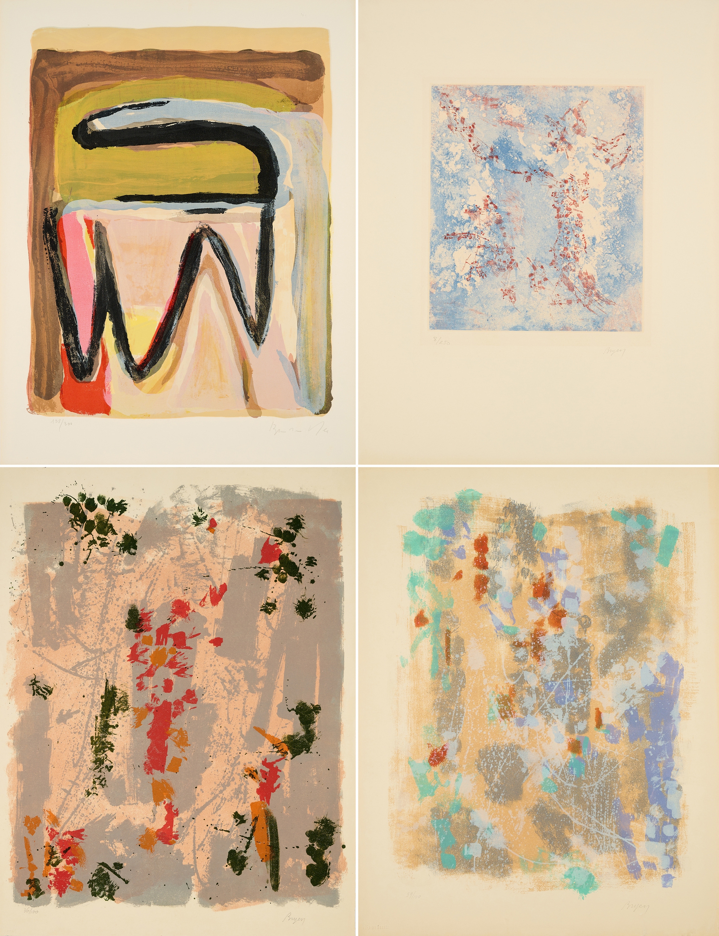 Artwork by Camille Bryen, Mixed lot of 4 prints, Made of 3 Colour Lithographs And 1 Colour Etching, On Bfk Rives (Watermark) (3 Sheets) And Arches France (Watermark) (1 Sheet)