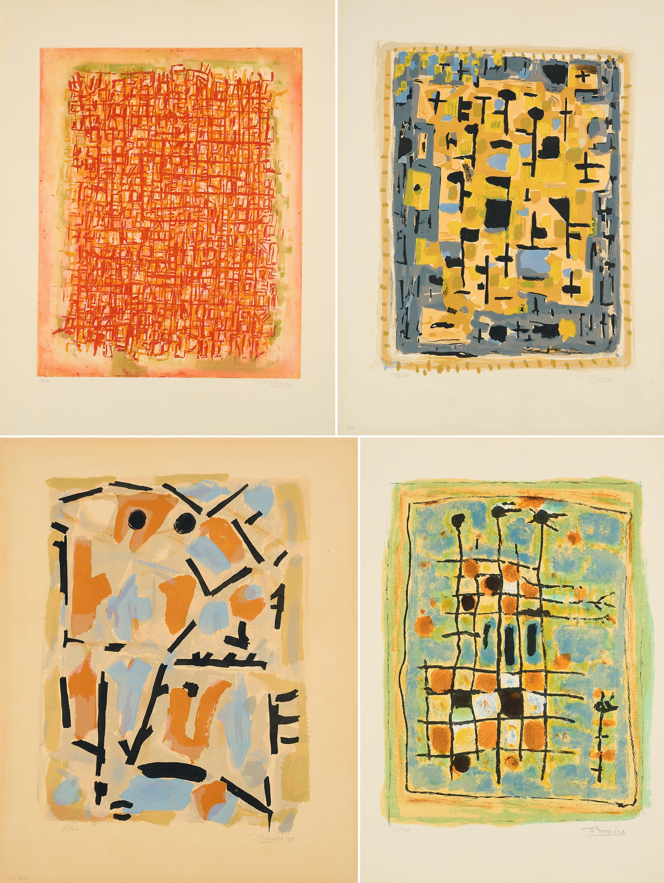 Artwork by Roger Bissière, Mixed lot of 4 prints, Made of 3 Colour Lithographs And 1 Colour Etching, Each On Handmade Paper