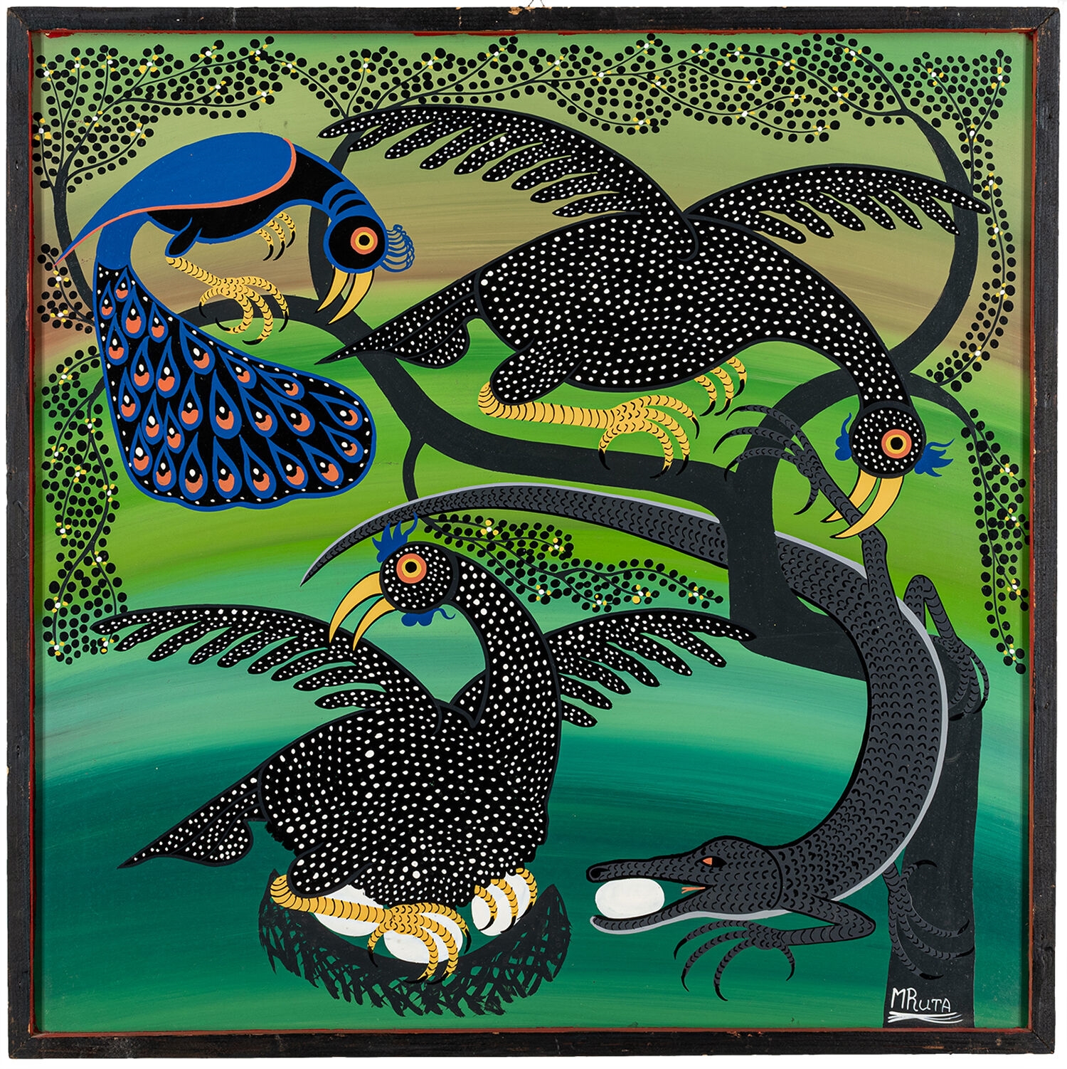 Artwork by Hashim Mruta, Drei Vögel und ein Krokodil, Made of Oil on hardboard