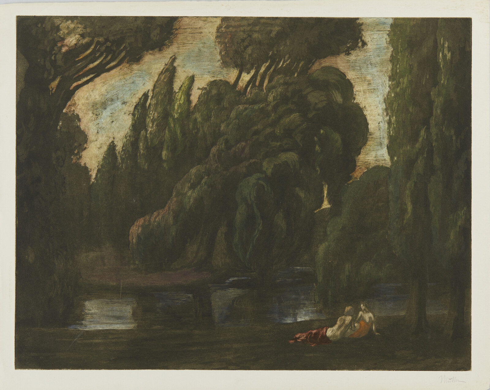 Artwork by Alfredo Muller, Two female figures near a bond, Made of Etching And Aquatint