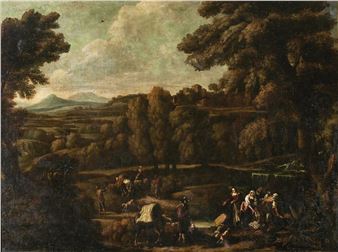 Landscape with farmers and laundresses - Roman School, 17th Century