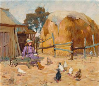 A pastoral scene of a person in purple clothing sitting on a cart with chickens nearby.