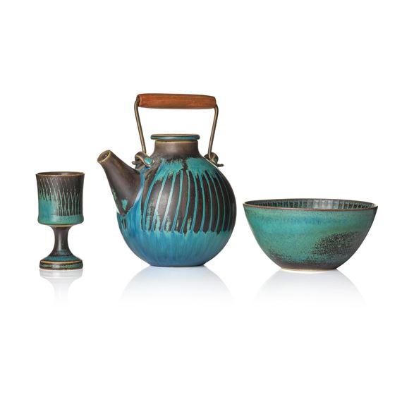 a stoneware set of a teapot, a bowl and a goblet, Gustavsberg Studio 1969