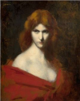 Portrait de femme rousse à la robe rouge