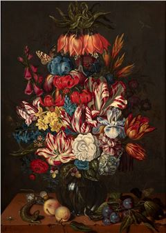 A painting of flowers in a vase on a table.