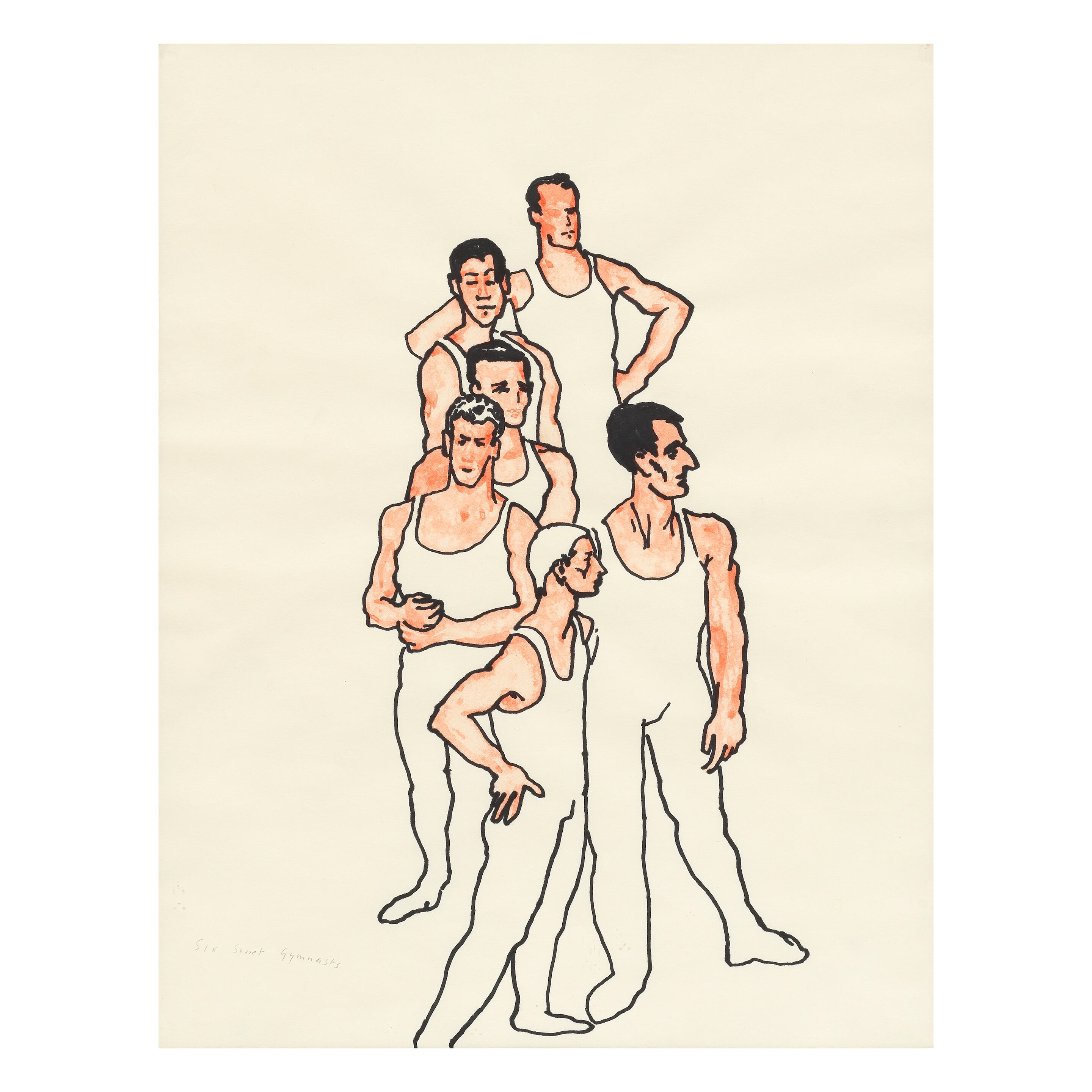 Artwork by Patrick Procktor, Six Soviet Gymnasts, Made of felt tip pen and pencil