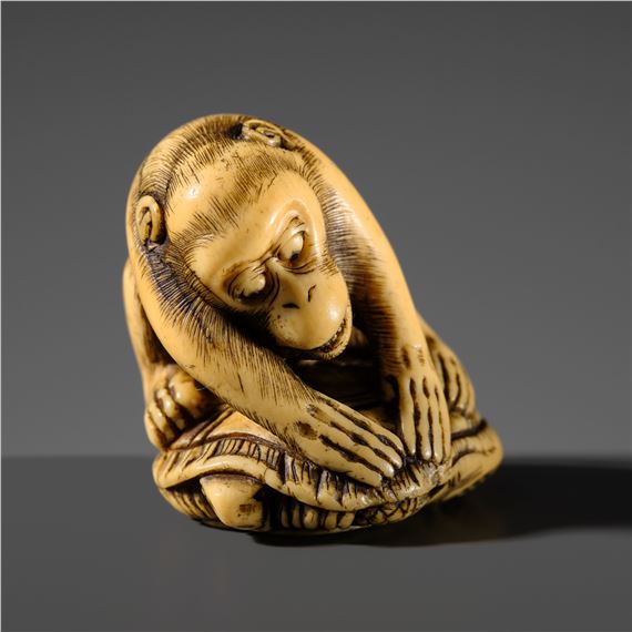 Mitsuhide | A FINE AND RARE ANTLER NETSUKE OF A MONKEY ATOP A TORTOISE ...