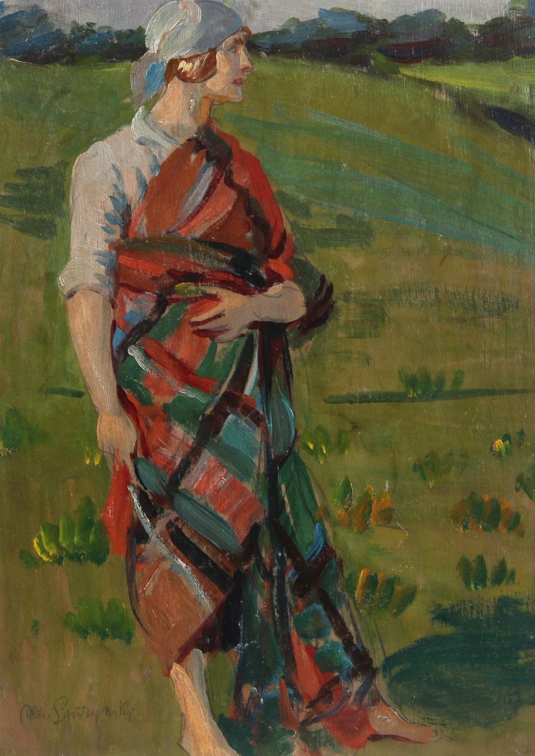 Artwork by Albert Lipczinski, Woman with a tartan shawl, Made of Oil On Panel