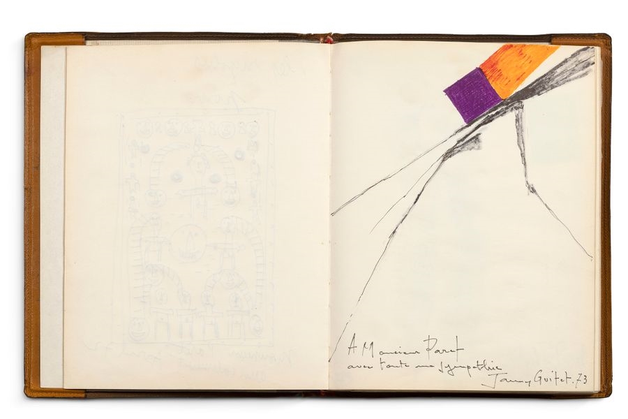 Artwork by Michel Macréau, Jacques Villeglé, James Guitet, Untitled, Made of Guestbook, Original Artists' Drawings And Handwritten Letters