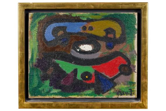 A painting of a colorful abstract painting in a gold frame.