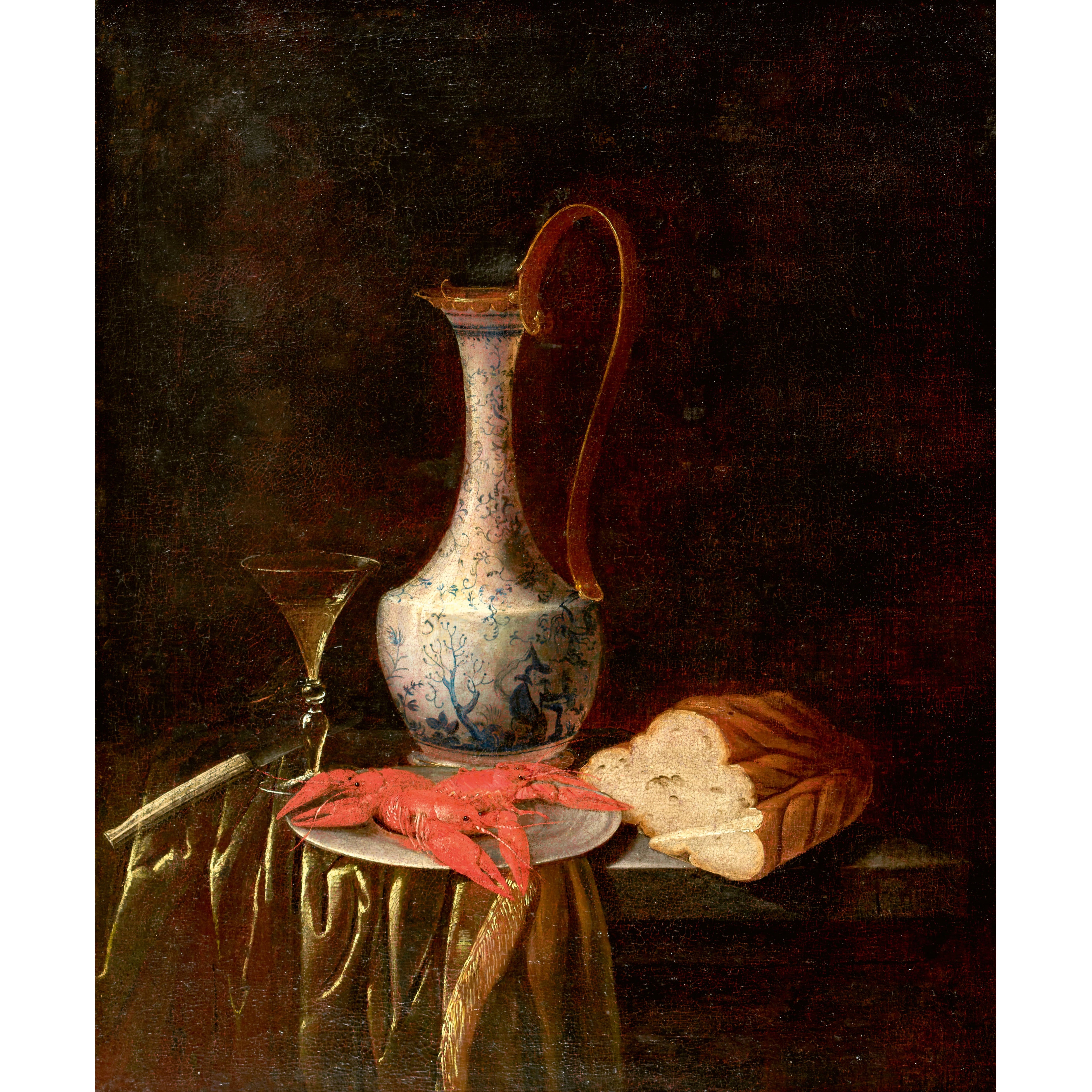 Artwork by German School, 18th Century, Stillleben mit Krebsen, Brot, Kelch und Deckelkanne, Made of oil on canvas