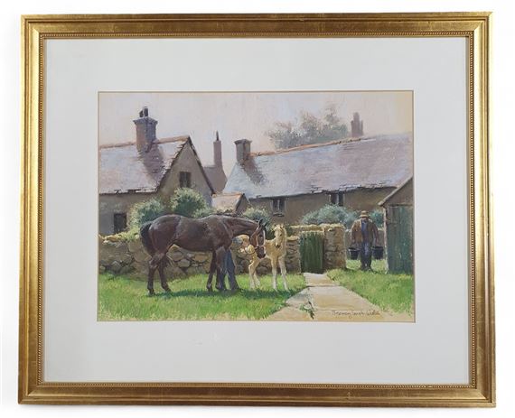 A 20th Century Oil on Canvas of a man feeding a mare and foal by Rosemary Sarah Welch, 20th Century