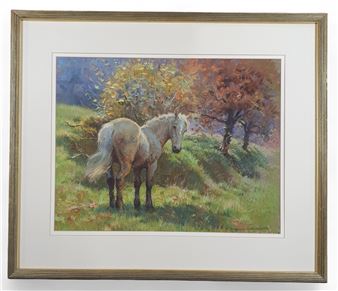 A 20th Century Oil on Board of a Dun Pony in an orchard - Rosemary Sarah Welch
