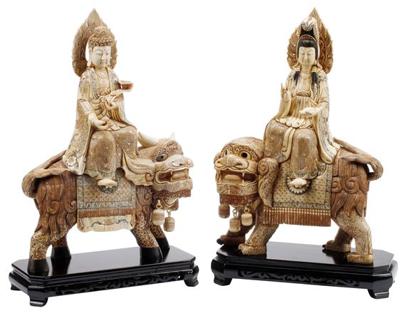 Chinese bone-tiled figure groups depicting Manjushri and Guanyin - Chinese School, 19th Century