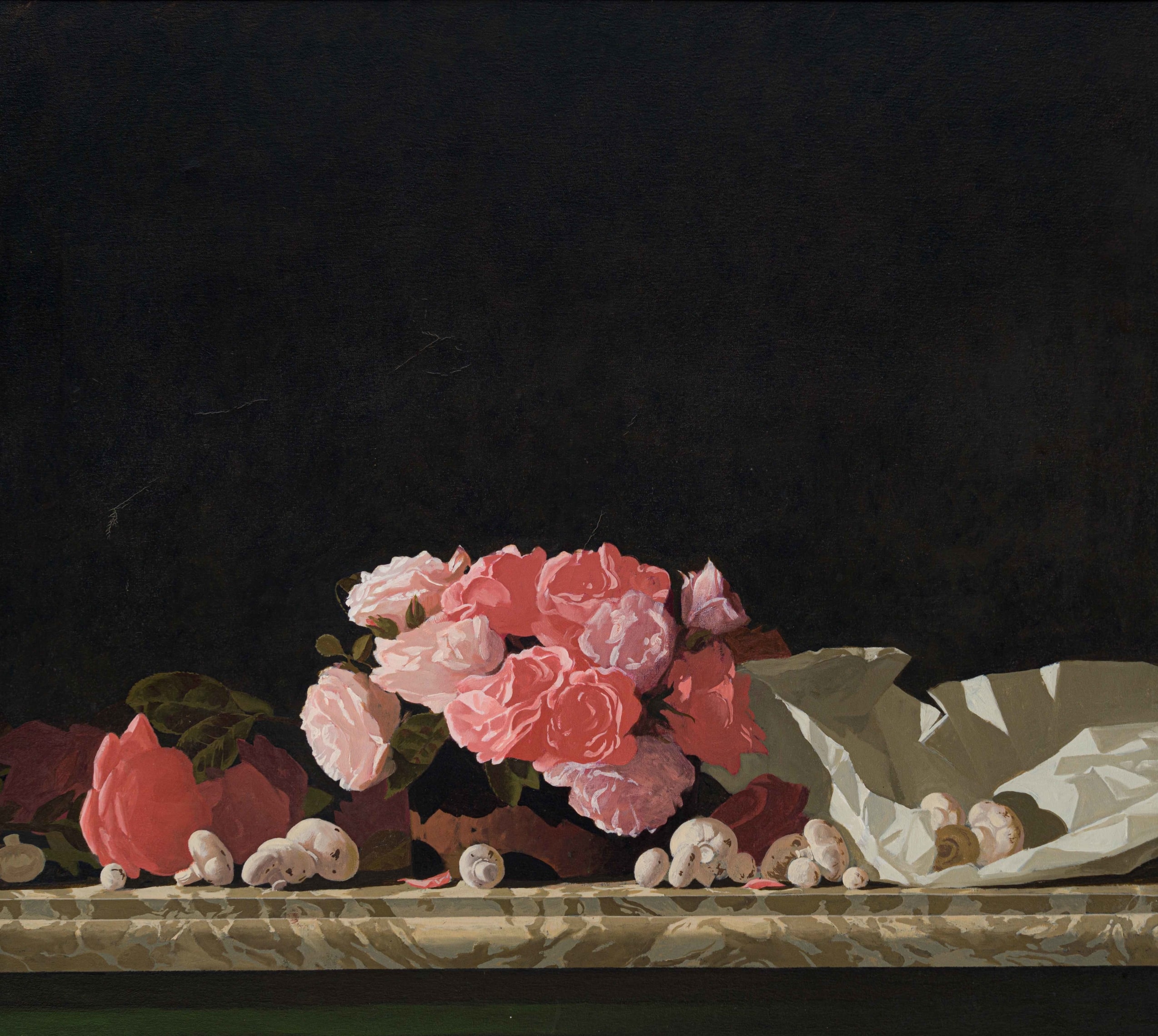 Artwork by Neil Rodger, Still Life with Roses and Mushrooms, Made of Oil On Canvas