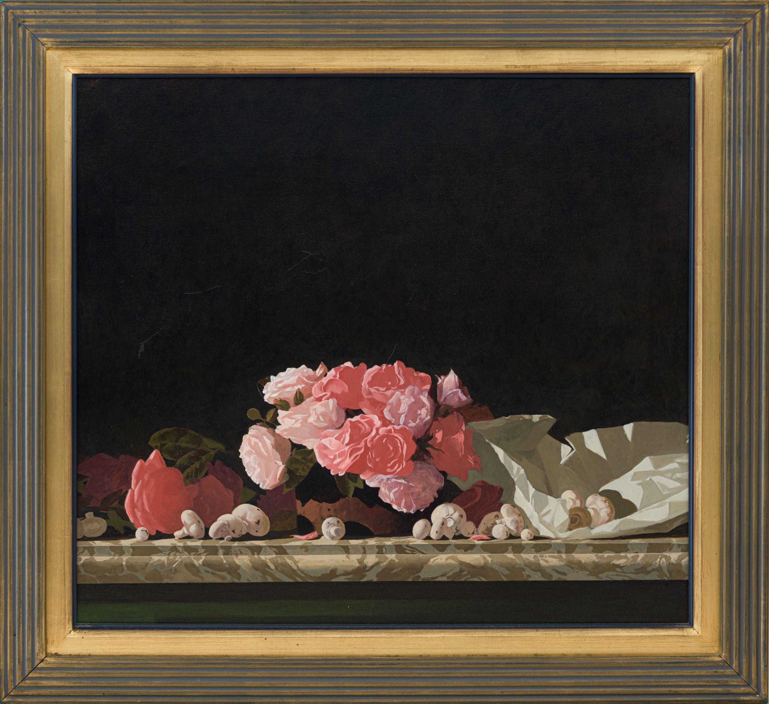 Artwork by Neil Rodger, Still Life with Roses and Mushrooms, Made of Oil On Canvas