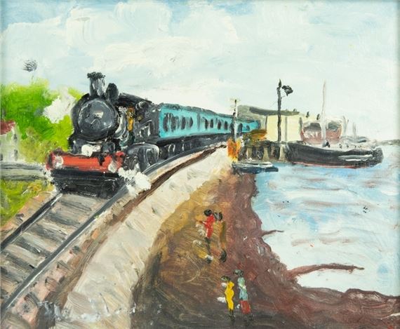 Coastal scene with Steam Train - Laurence Stephen Lowry