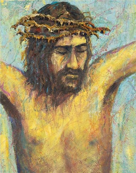 A textured religious painting of a crowned figure with arms raised against a light blue background.