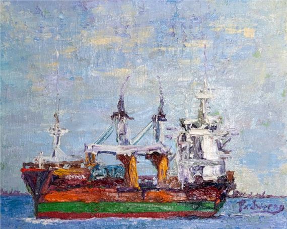 A colorful oil painting of a cargo ship on the water.