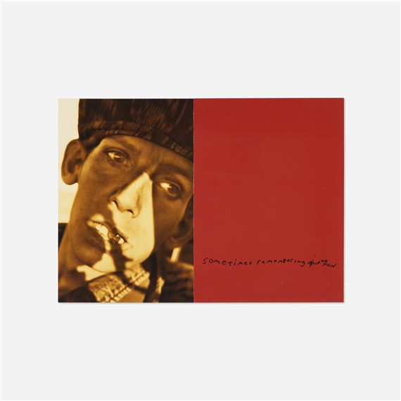 A split-panel portrait with a sepia-toned figure and a bold red field.