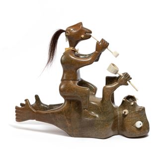 A whimsical sculpture of a figure playing instruments while riding another figure.