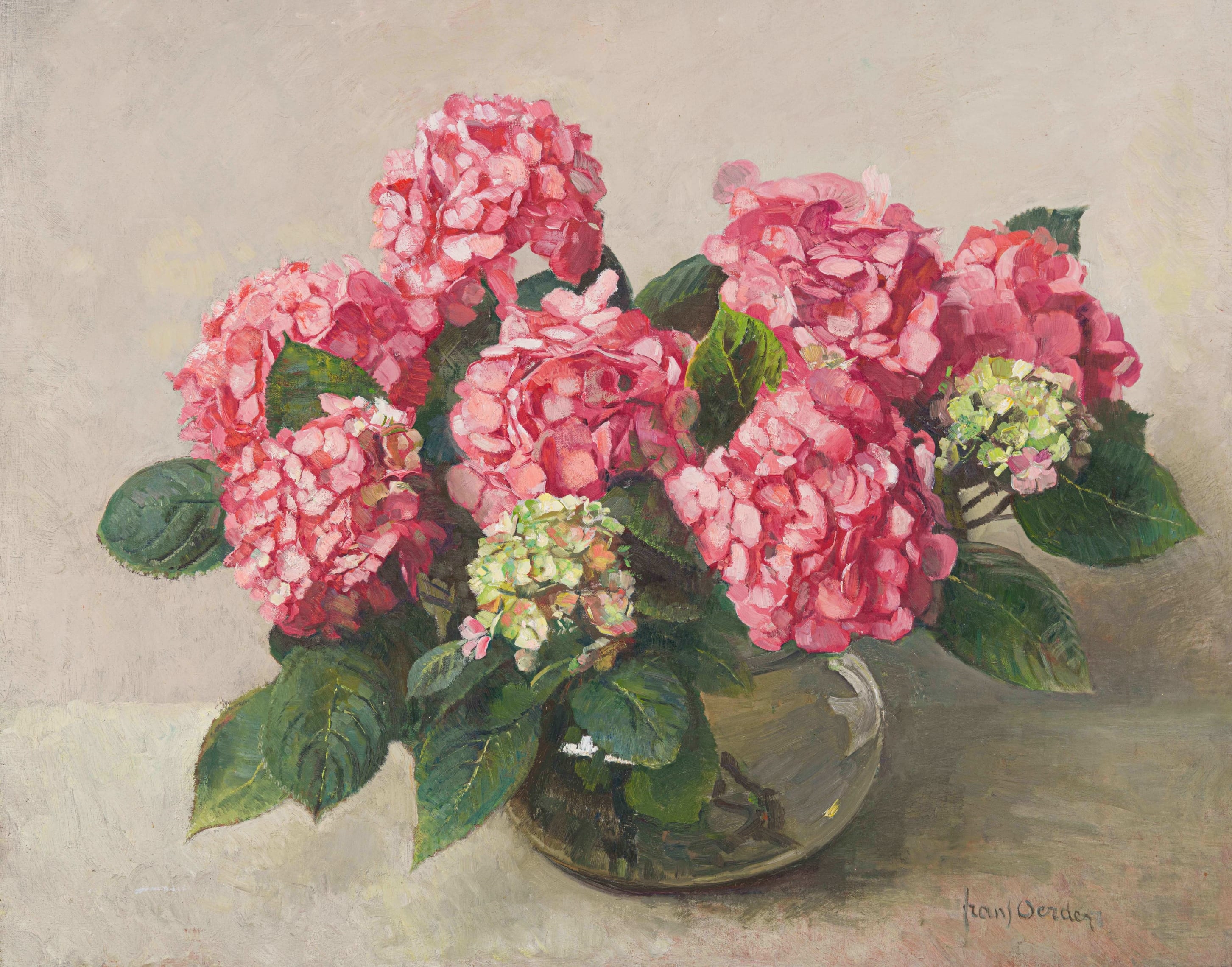 Artwork by Frans Oerder, Pink Hydrangeas in a Glass Vase, Made of Oil On Canvas