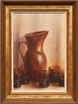 A still life painting of a brown pitcher and several small glasses in a wooden frame.
