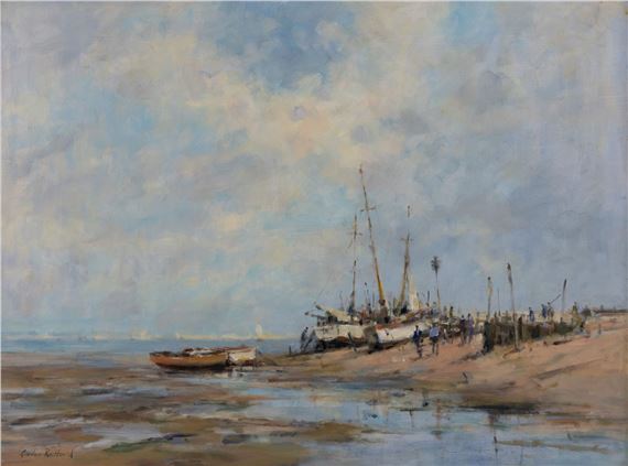 Figures and Beached Vessels on a Sandy Stretch by Gordon Radford