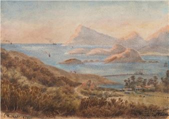 A watercolor landscape of a coastal bay with distant mountains and scattered boats.