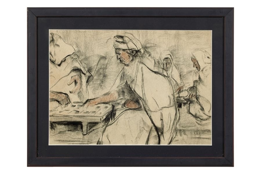 Artwork by Adrien Jean Le Mayeur de Merprés, Four Arab men at play, Made of Charcoal, Red Chalk And Estompe On Paper, Black Chalk, Red Chalk And Stump On Paper