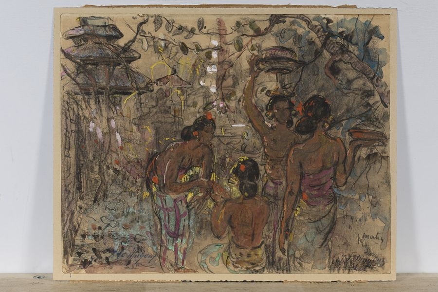 Artwork by Adrien Jean Le Mayeur de Merprés, Morning in Bali, Made of Gouache And Charcoal On Colored Paper