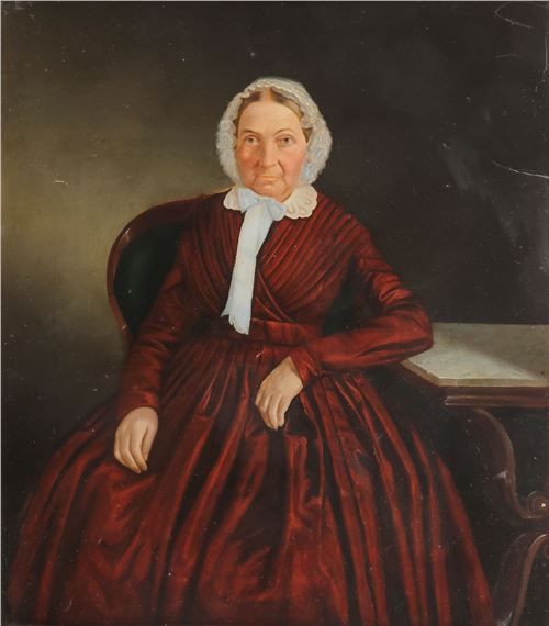 Portrait of a Seated Old Woman in a Red Dress and White Bonnet