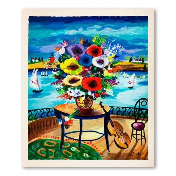 A painting of flowers on a table with a violin.
