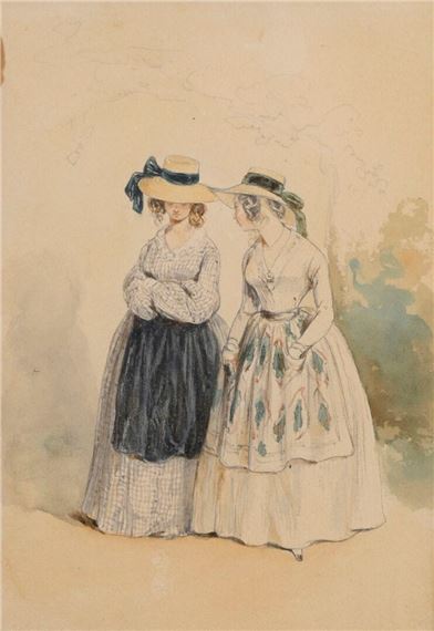 Two walkers wearing aprons and ribboned hats by Paul Gavarni