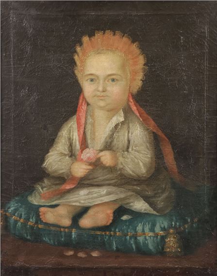 Primitive Portrait of Baby on Pillow