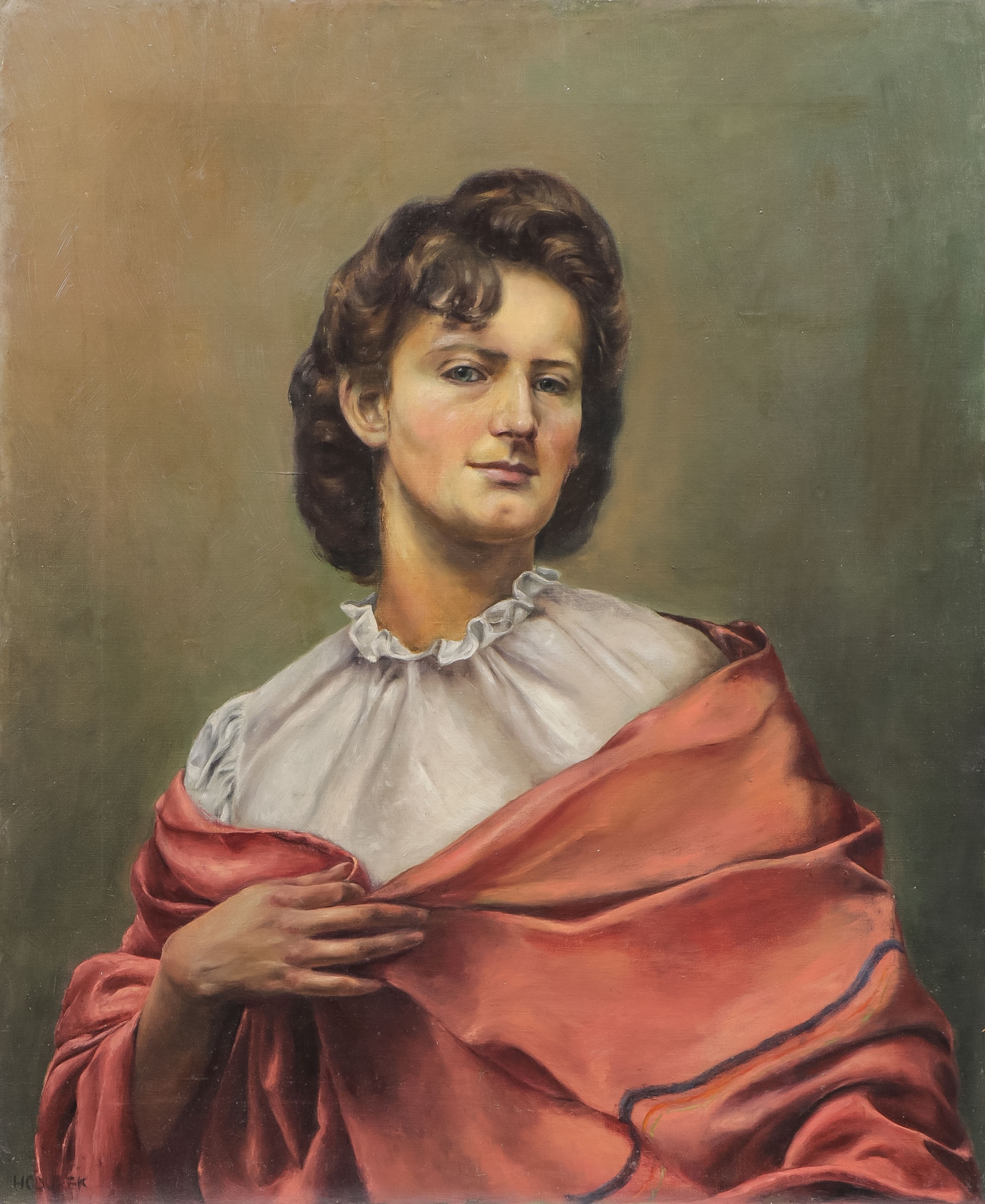 Artwork by Continental School, 19th Century, Portrait of a Woman with a Pink Shawl, Made of Oil On Canvas